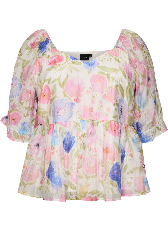 Blus i lyocell med blommigt m&ouml;nster och hj&auml;rtformad ringning, Vit, Packshot image number 0
