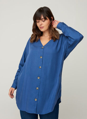 Skjorta i lyocell med v-ringning, Blue denim, Model image number 0
