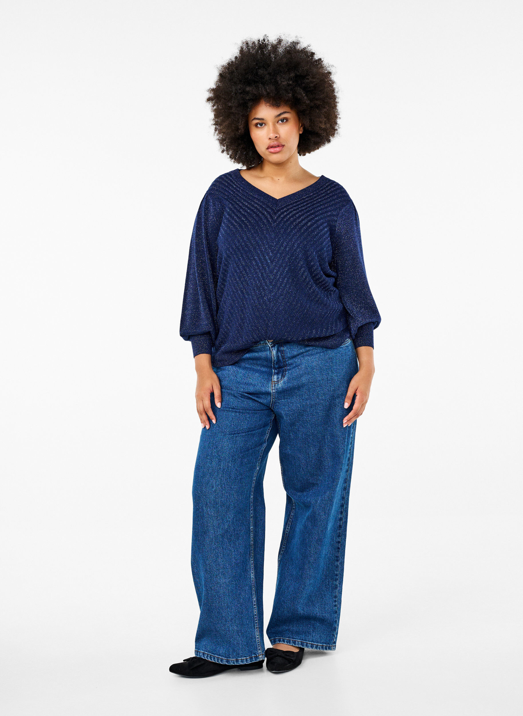 Zizzi Stickad blus med shimmer och V-ringning, Naval A.w.Blue Lurex, Model image number 2
