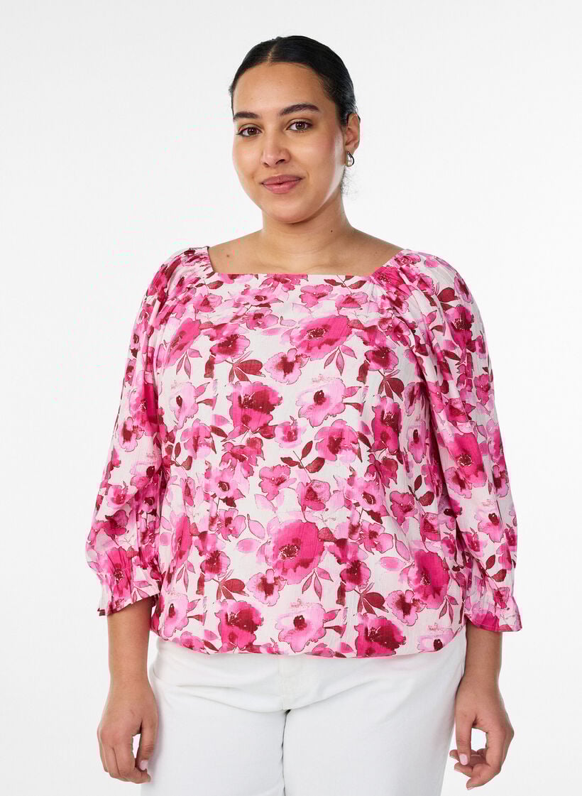Blus i viskos med fyrkantig halsringning och 3/4-&auml;rmar, Rosa, Model image number 0