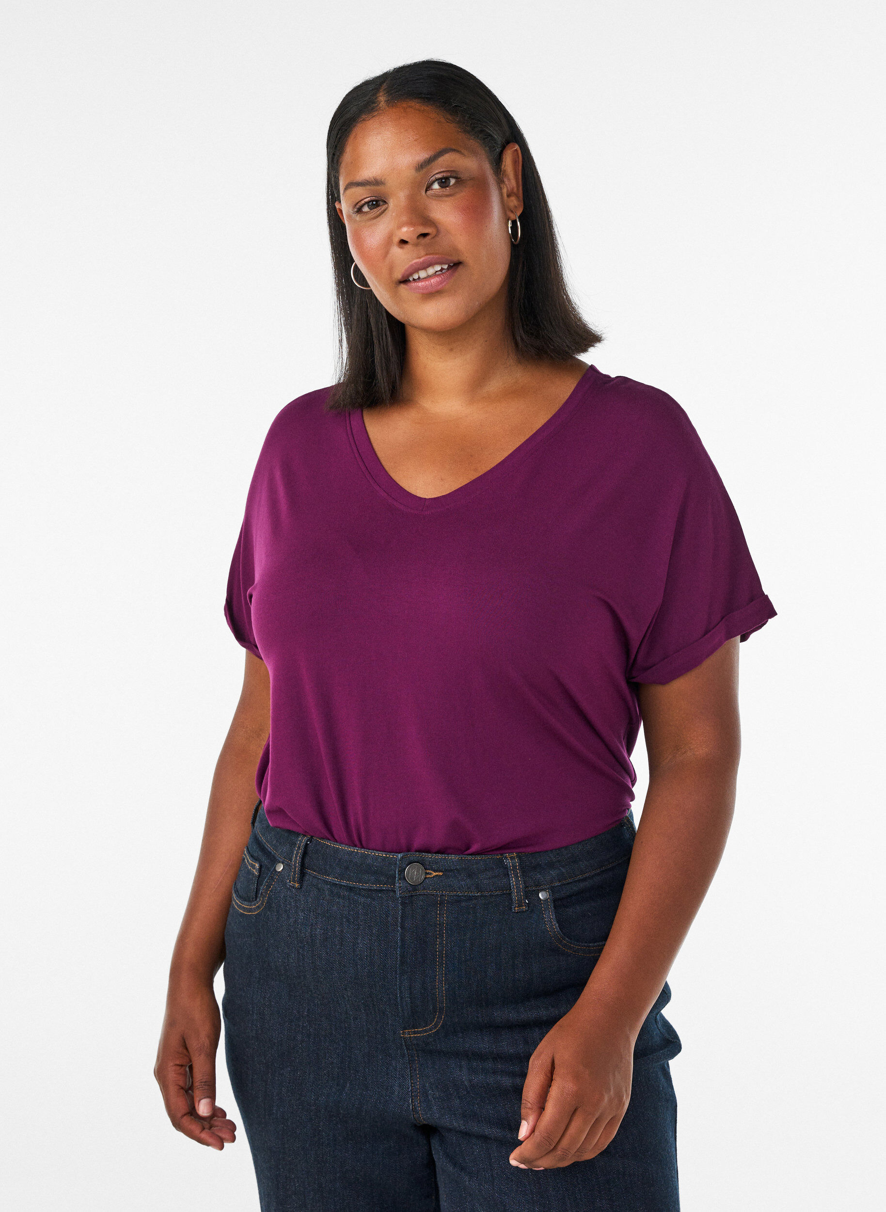 ZizziBas-t-shirt med v-ringning i viskos, Lila, Model image number 0