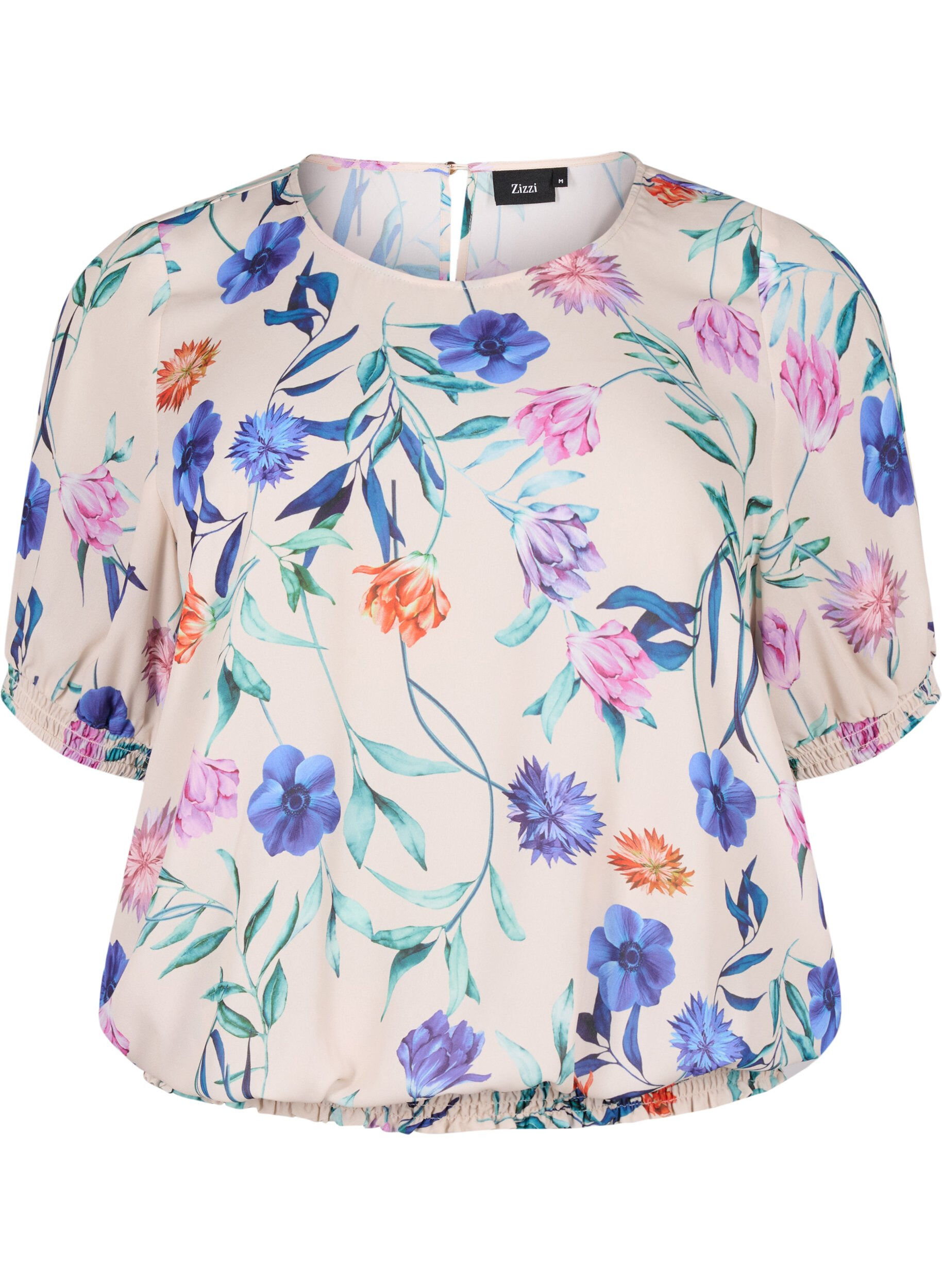 Zizzi Blommig blus med smock, Bl&aring;, Packshot image number 0