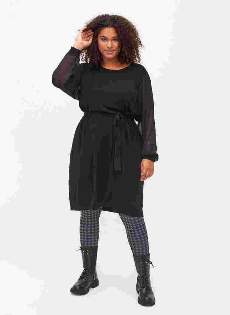 Stickad klänning med transparenta ärmar, Black, Model image number 2