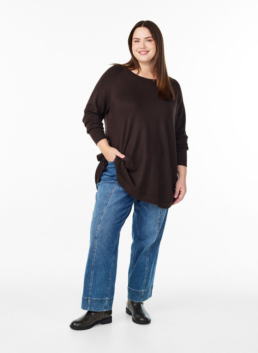 Stickad blus med knappar i sidan, Brun, Model image number 1