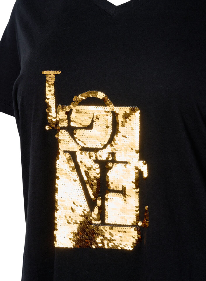T-shirt i bomull med paljetter, Black w. Love, Packshot image number 2