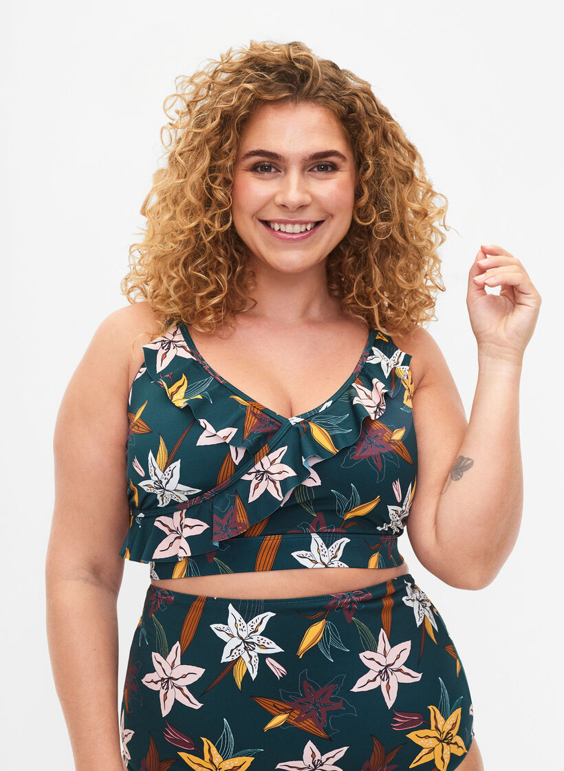 Blommig bikinitopp med volanger, Gr&ouml;n, Model image number 0