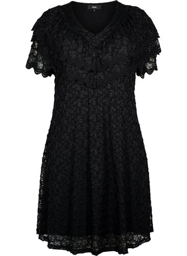Kortärmad spetsklänning med breda volanger, Black, Packshot image number 0