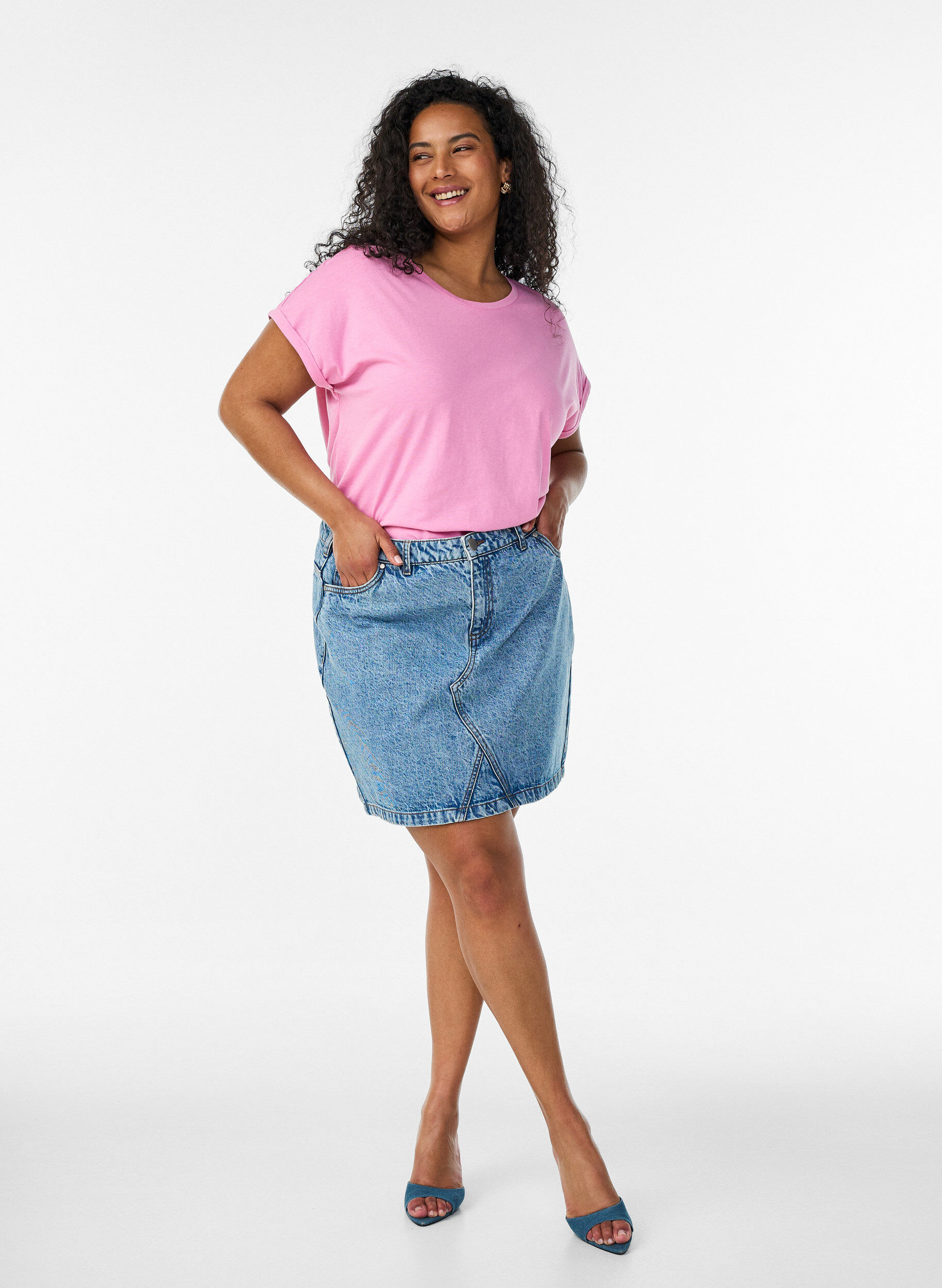 ZizziKort&auml;rmad t-shirt i bomullsmix, Rosa, Model image number 1