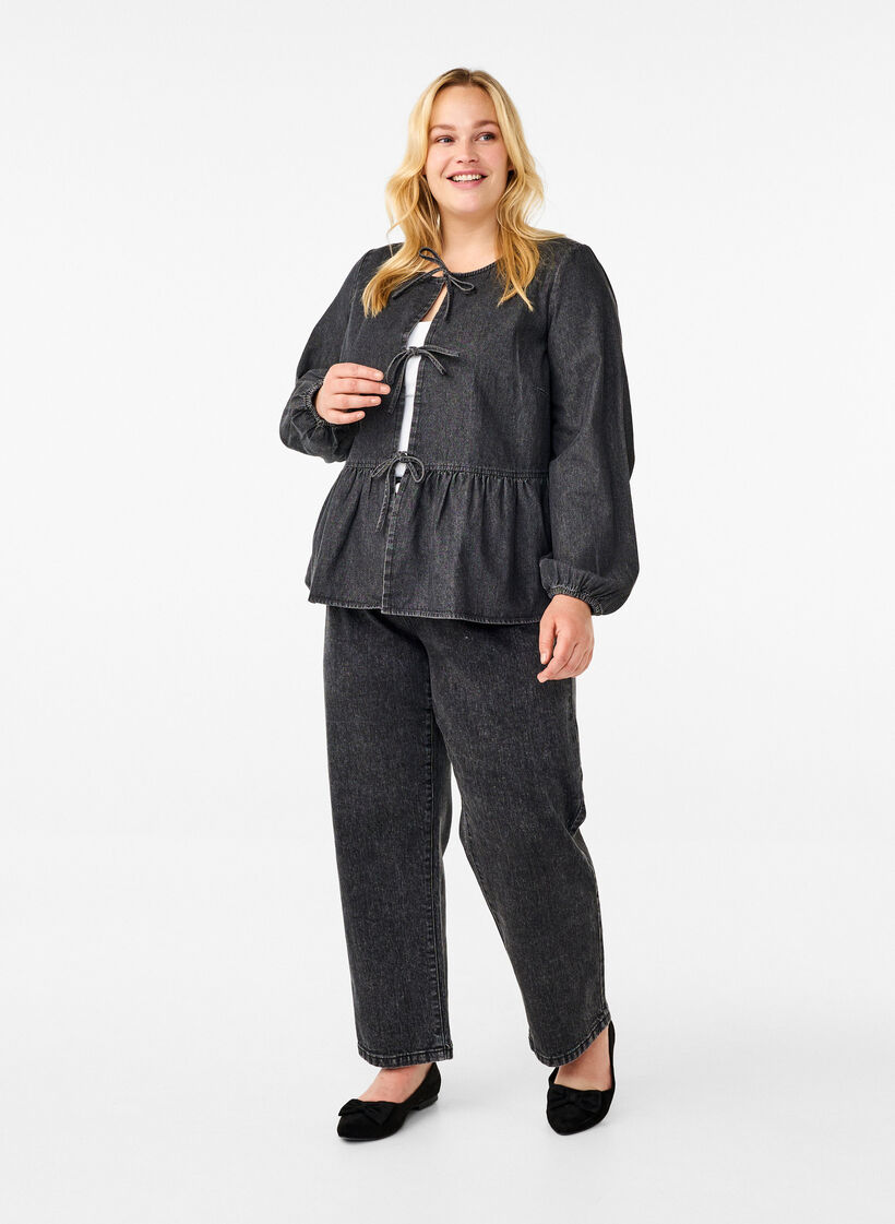 Peplum blus i denim med knytband, Grå, Model image number 1