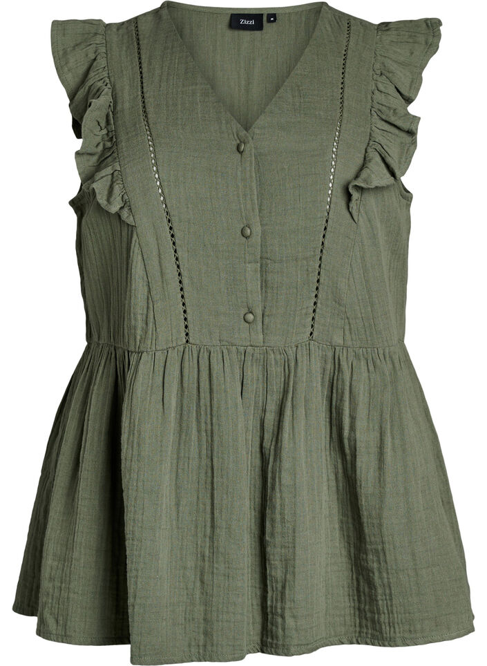 &Auml;rml&ouml;s blus i bomullsmuslin med volanger, Gr&ouml;n, Packshot image number 0
