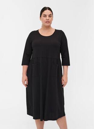 Midiklänning i ekologisk bomull med fickor, Black, Model image number 0