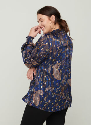 Mönstrad blus med hög krage och smock, Paisley Foil, Model image number 1
