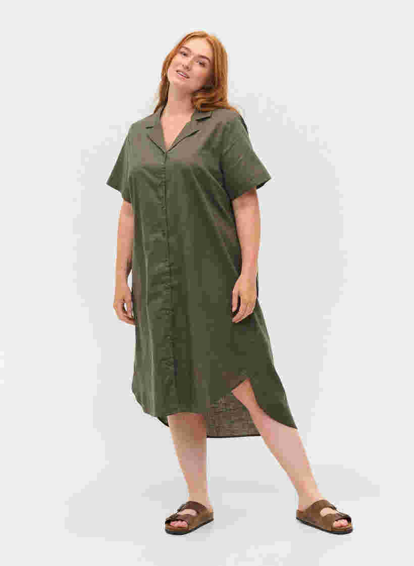 Lång bomullsskjorta med korta ärmar, Dusty Olive, Model image number 2
