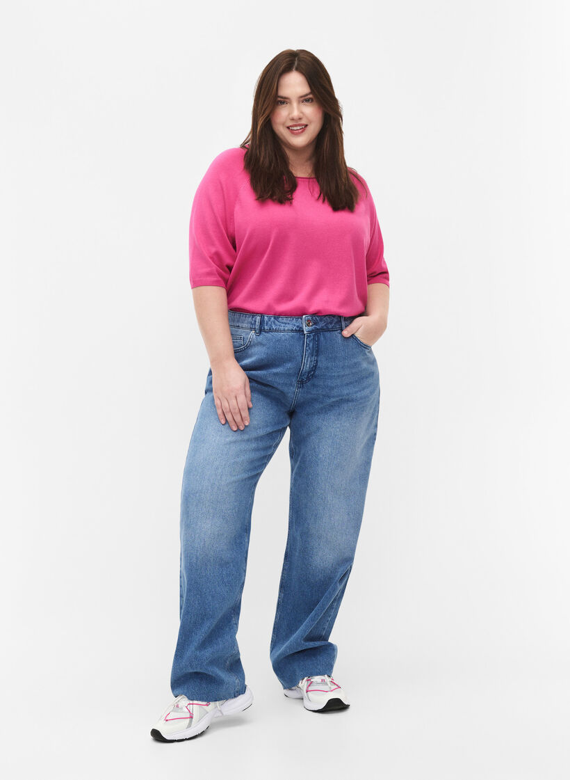 Stickad blus i viskos med 3/4-ärmar, Raspberry Rose, Model image number 2