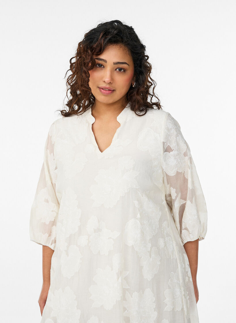 Midikl&auml;nning med blommigt m&ouml;nster och genomskinliga 3/4-&auml;rmar, Beige, Model image number 2