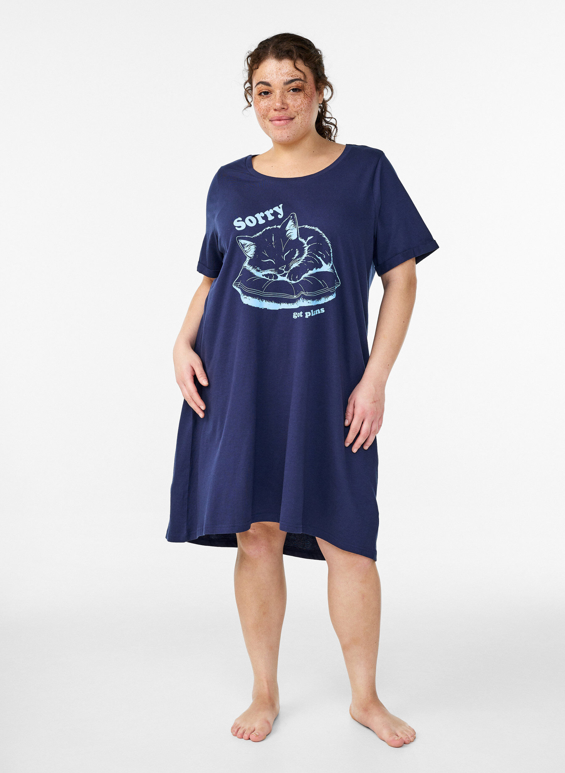 ZizziKort&auml;rmat nattlinne i ekologisk bomull, Bl&aring;, Model image number 0