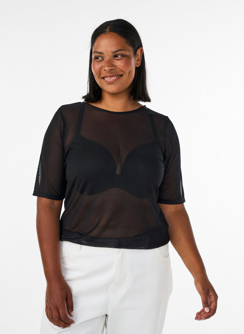 Topp i mesh med korta &auml;rmar och rund hals, Svart, Model image number 0