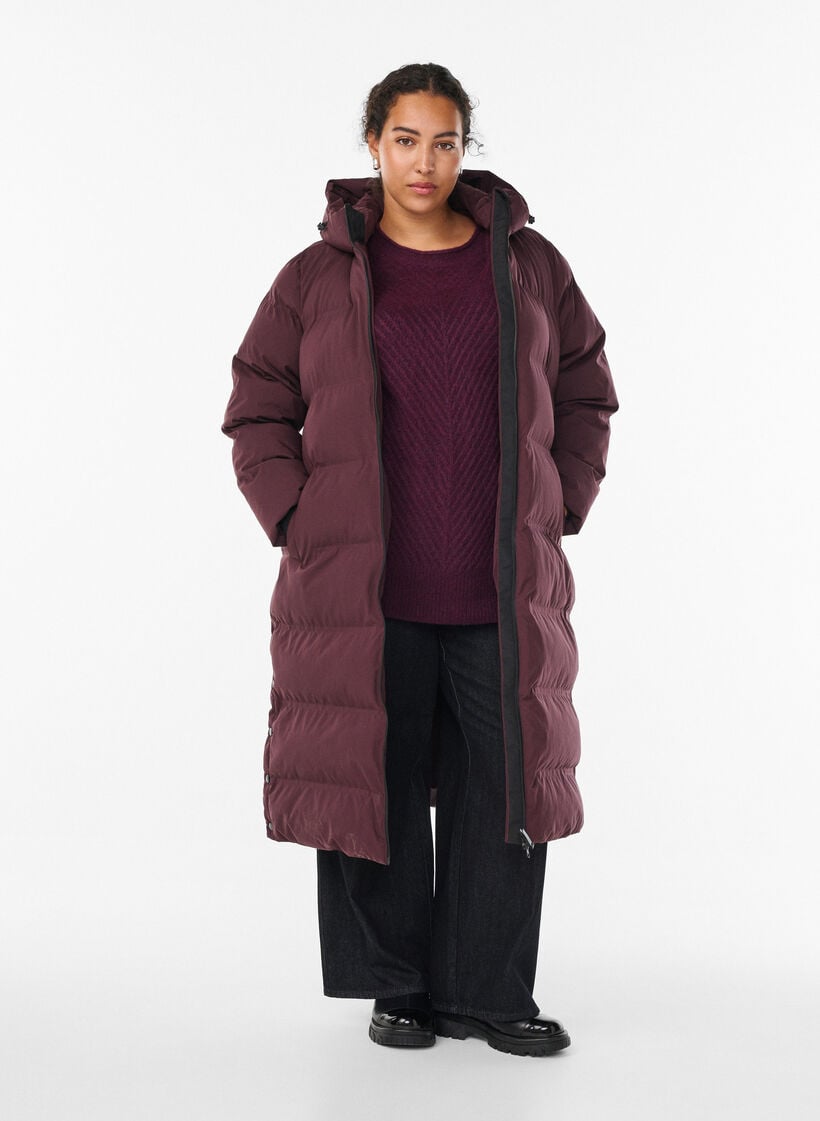 L&aring;ng puffervinterjacka med huva, M&ouml;rk Bordeaux, Model image number 0