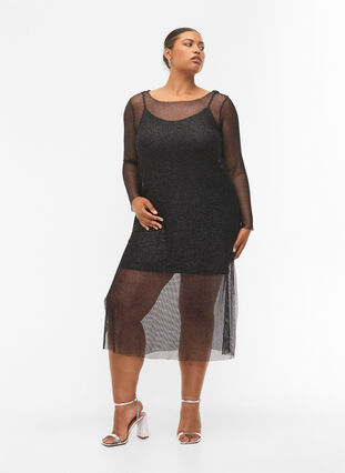 Nätklänning med långa ärmar, Black w. Silver, Model image number 0