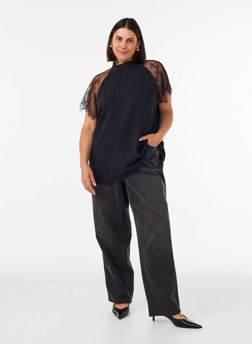 Blus med korta &auml;rmar i spets och h&ouml;g krage, Svart, Model image number 1