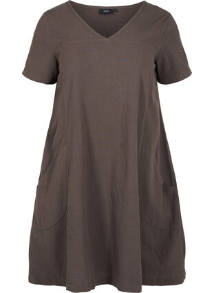 Kortärmad klänning i bomull, Khaki Green, Packshot image number 0