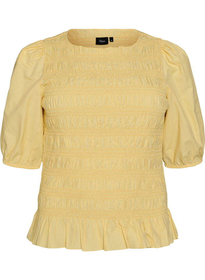 Smockblus med volangkant och b&aring;tringning, Gul, Packshot image number 0