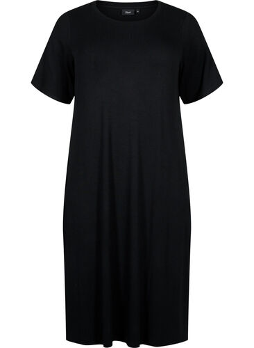 Midiklänning i ribbat viskostyg med korta ärmar, Black, Packshot image number 0