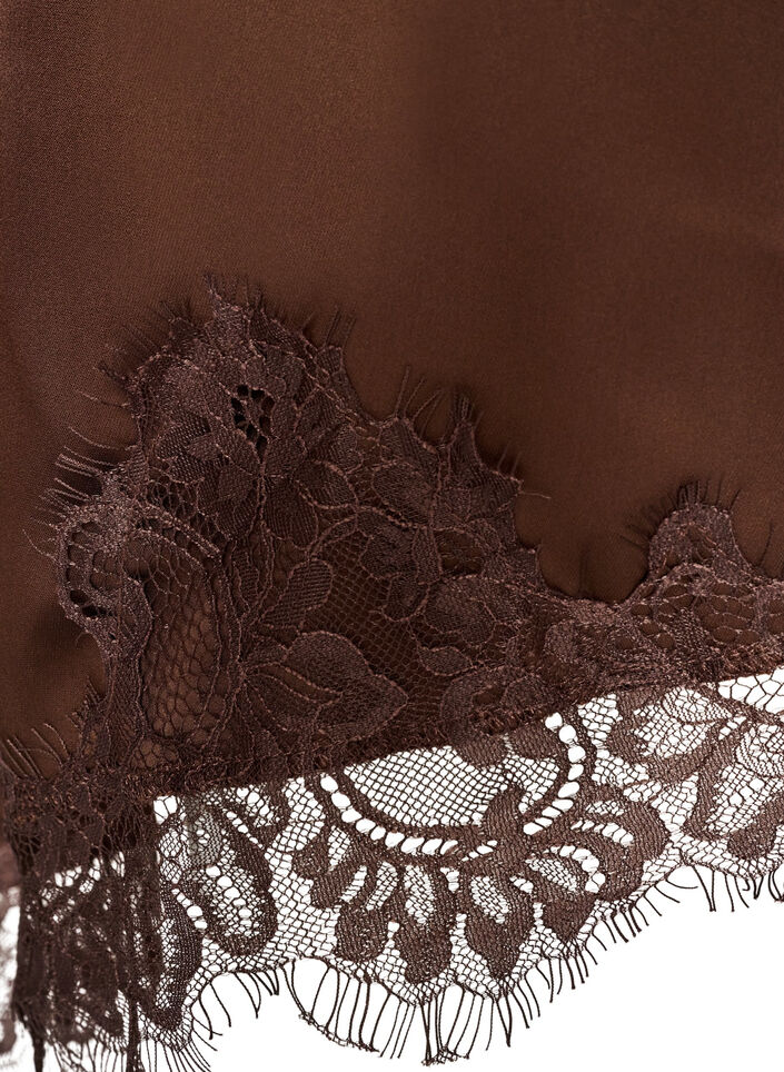 Kl&auml;nning i satin med spets och asymmetrisk f&aring;ll, Brun, Packshot image number 4