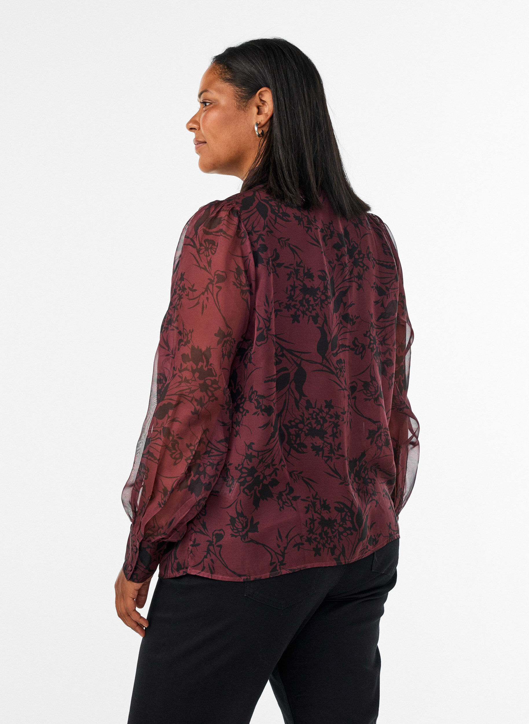 ZizziSkir skjortblus med blomm&ouml;nster och knytdetalj, M&ouml;rk Bordeaux, Model image number 2