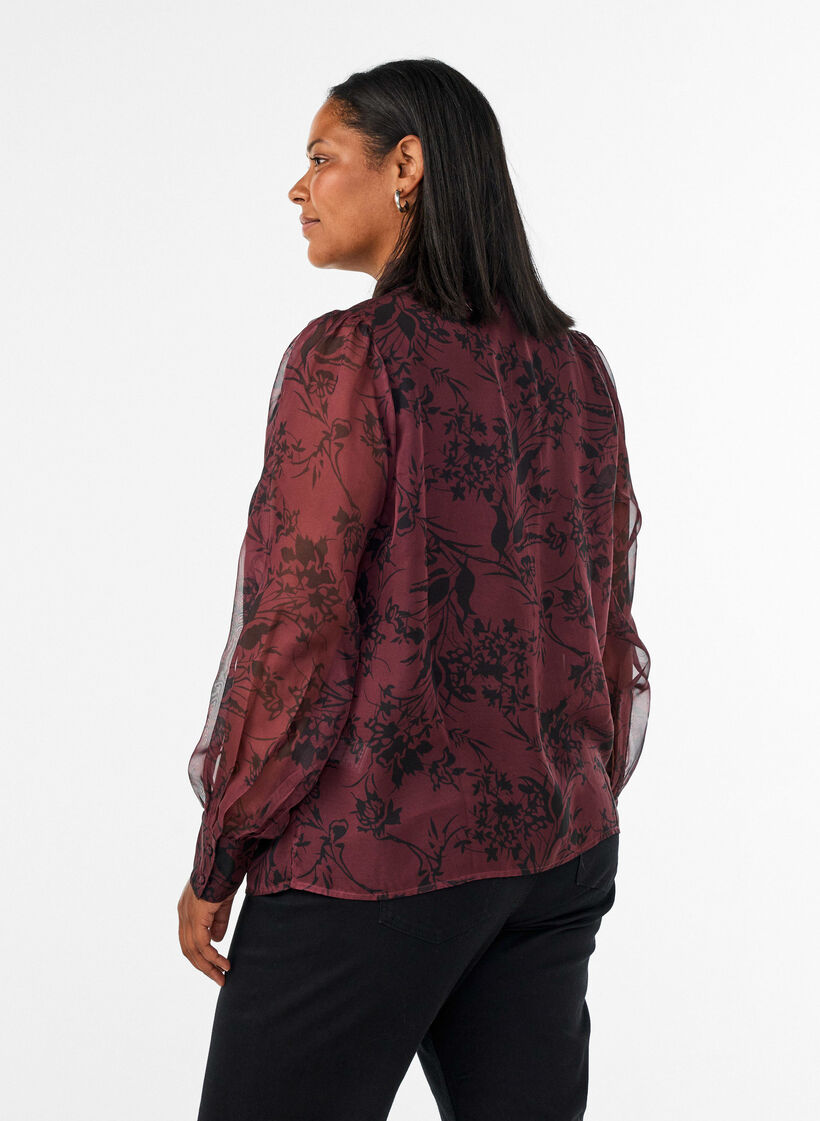 Skir skjortblus med blomm&ouml;nster och knytdetalj, M&ouml;rk Bordeaux, Model image number 2