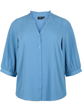 Skjortblus med 3/4 ärmar och volangkrage, Moonlight Blue, Packshot image number 0