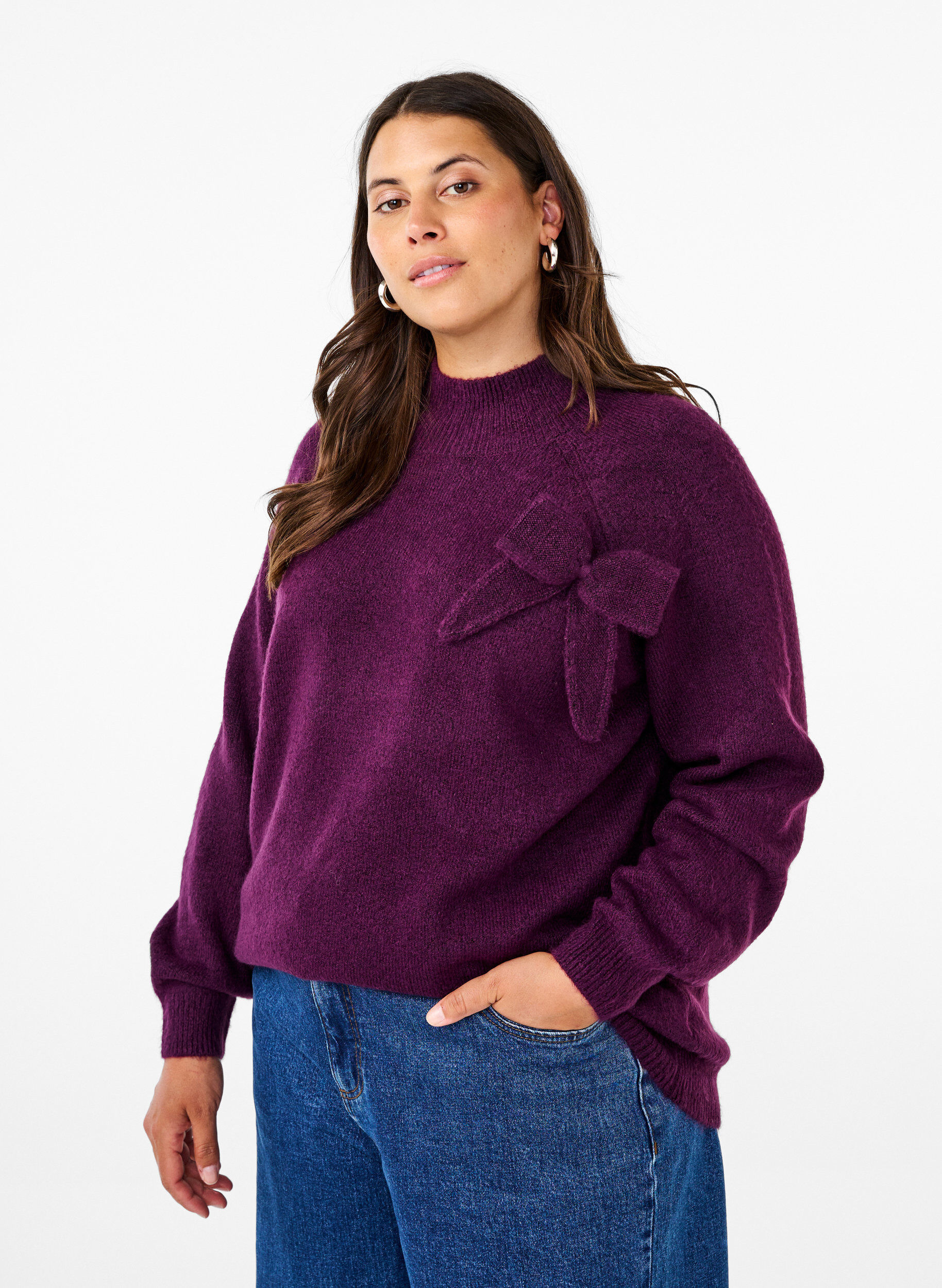 Zizzi Stickad blus med rosettdetalj, Potent P. Black Mel., Model image number 0