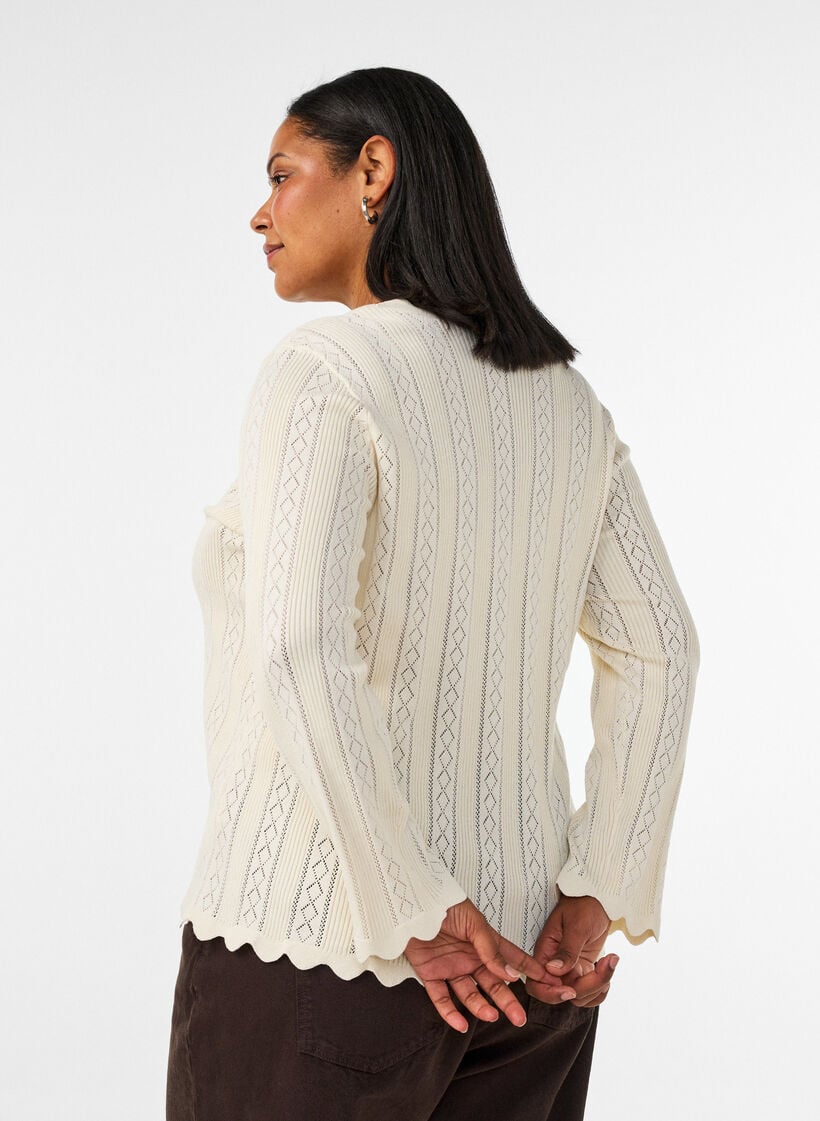 Cardigan with eyelet embroidery and wavy edges, Vanilla, Model image number 2