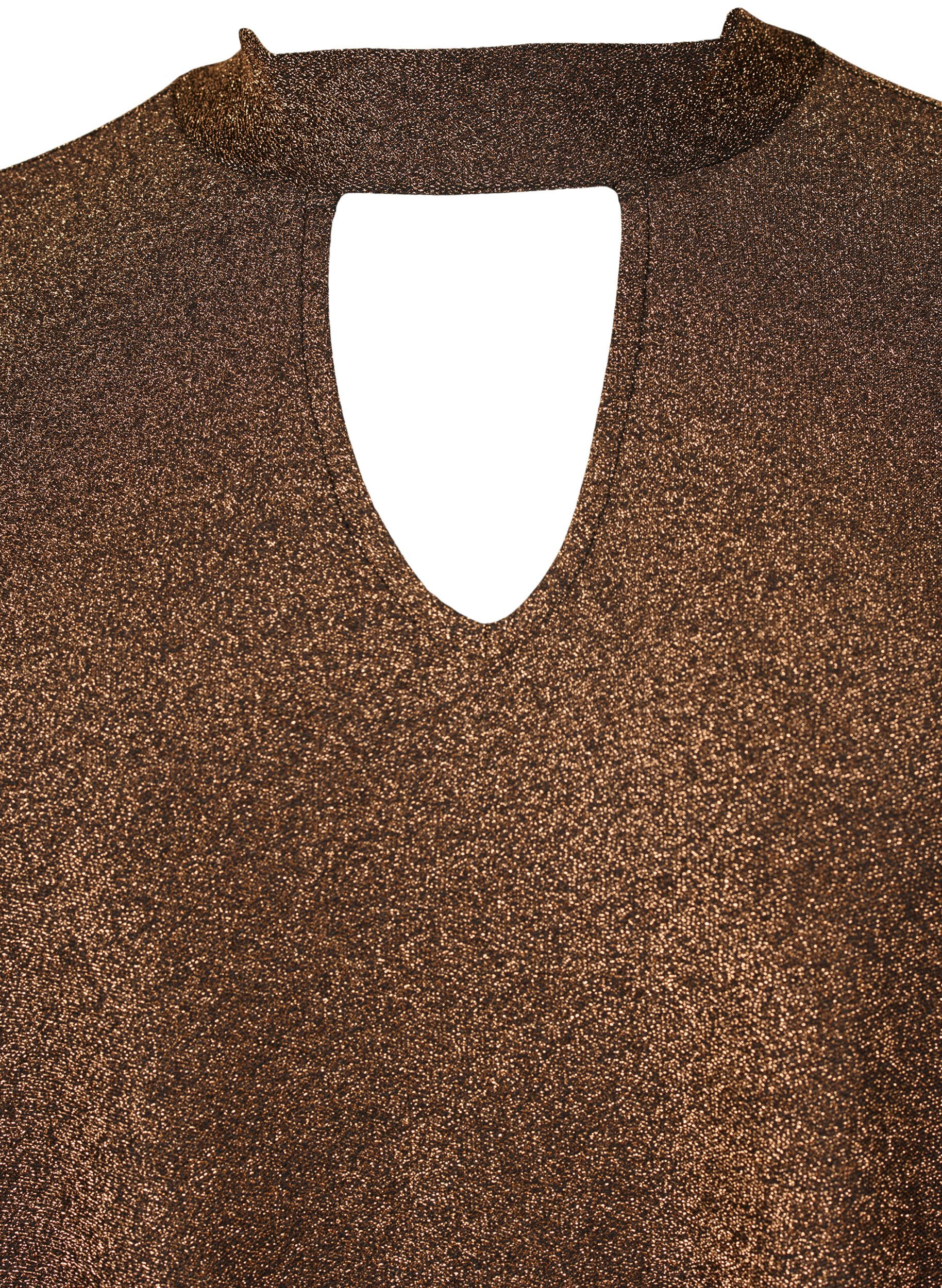 ZizziL&aring;ng&auml;rmad blus i glitter med rund halsringning och V-detalj, Black Copper, Packshot image number 2