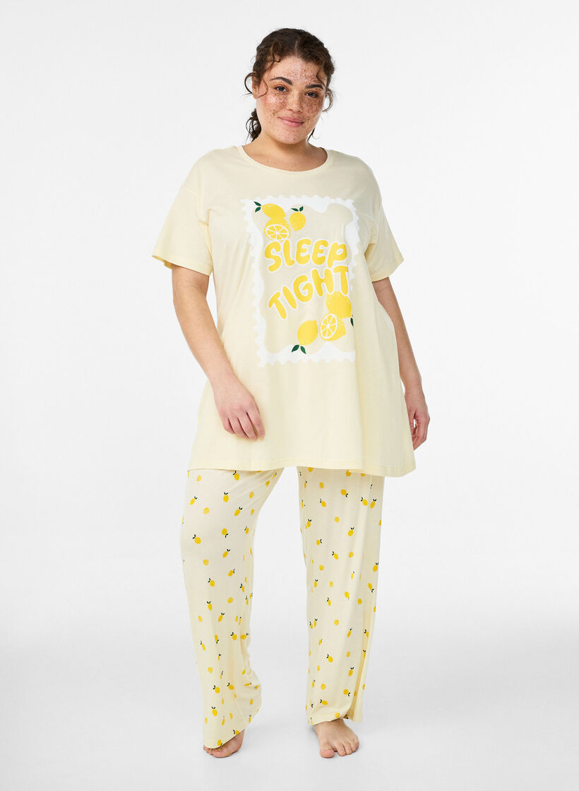 Pyjamasbyxor i mjuk jersey med h&ouml;g midja och fruktm&ouml;nster, Gul, Model image number 0
