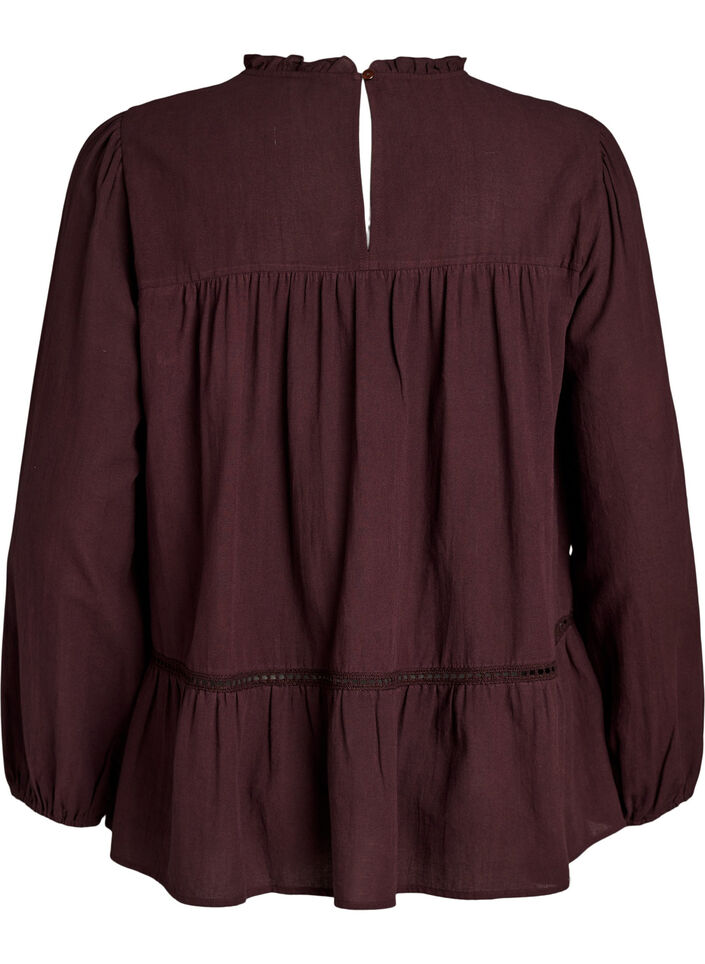 Blus med broderi och h&aring;lbroderad kantning, M&ouml;rk Bordeaux, Packshot image number 1