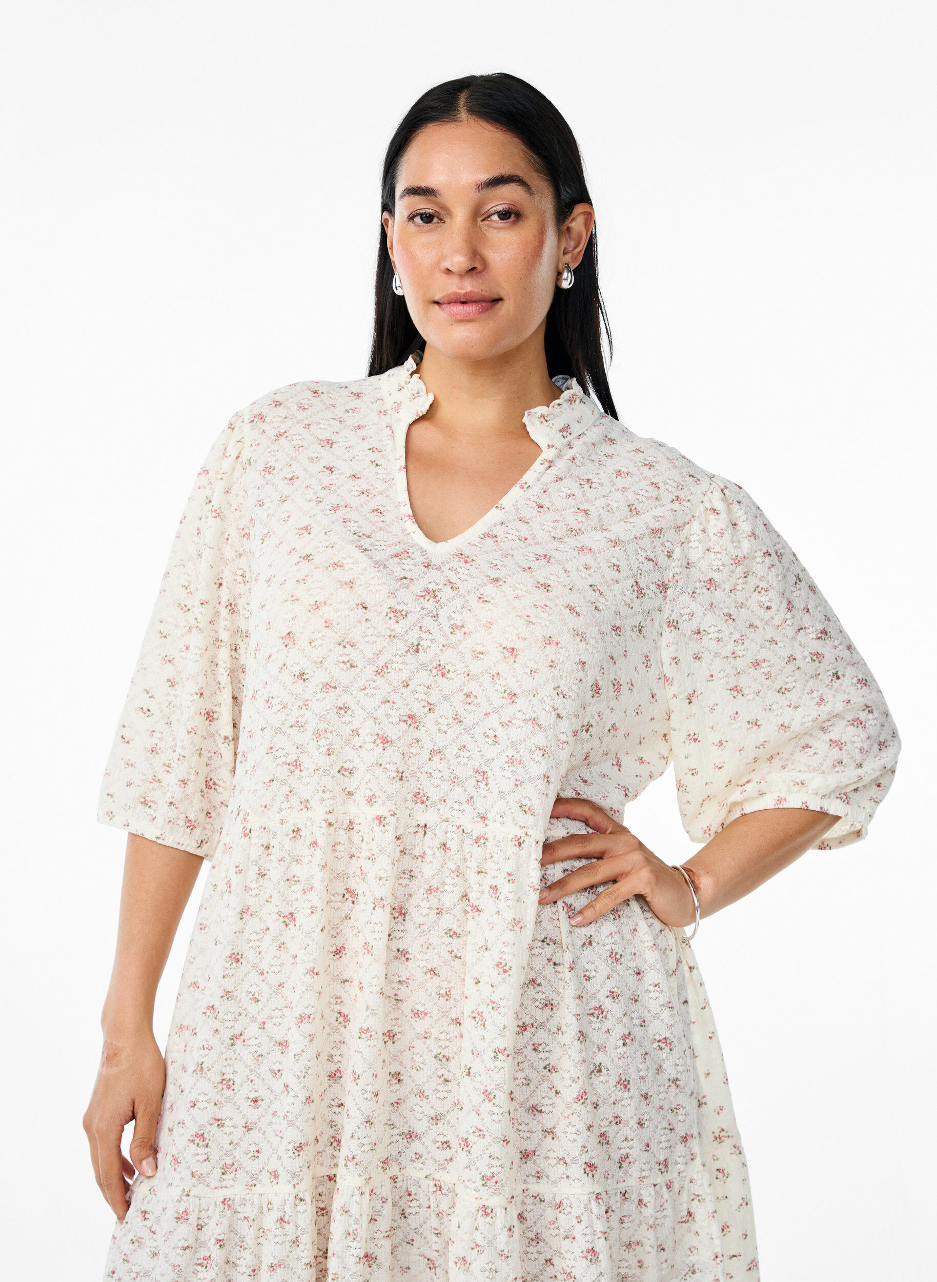 Zizzi Kort kl&auml;nning med A-linjeform och 1/2 &auml;rmar, Vit, Model image number 2