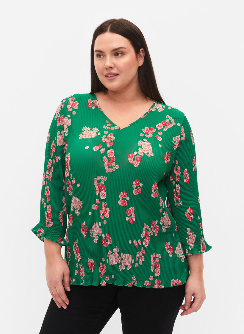 Plisserad blus med 3/4-ärmar, Jolly Green Flower, Model image number 0