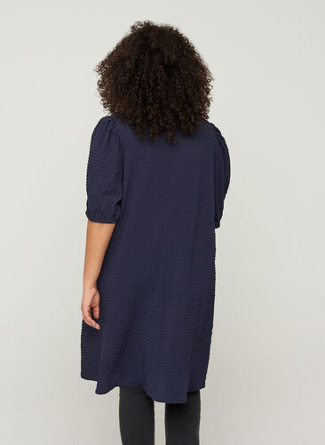 A-linjeformad klänning med struktur och puffärmar, Evening Blue, Model image number 1