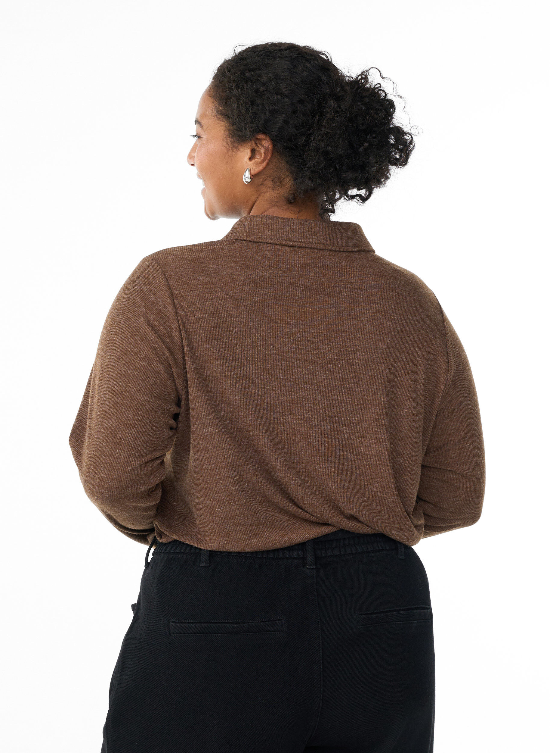 Zizzi L&aring;ng&auml;rmad pik&eacute;tr&ouml;ja i stretchig ribbstickning, Brun, Model image number 2