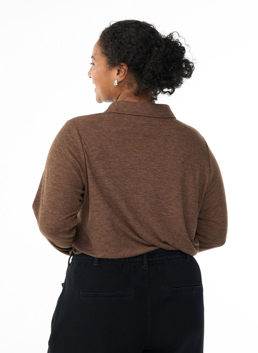 Långärmad pikétröja i stretchig ribbstickning, Brun, Model image number 2