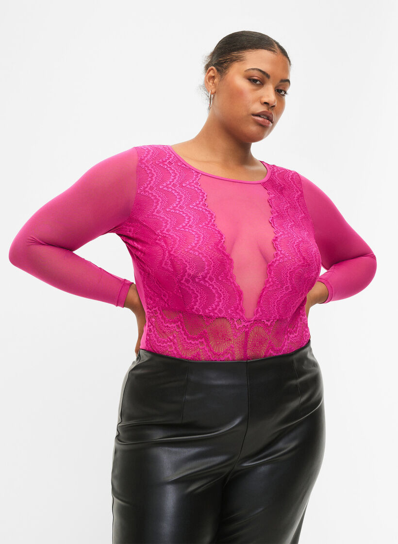 Kroppsstrumpa med spets och mesh, Fuchsia Red, Model image number 0
