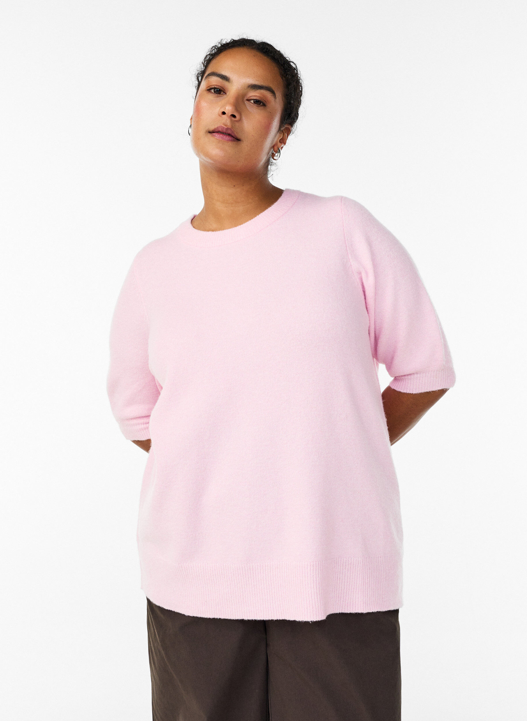 Zizzi Stickad blus med korta &auml;rmar, Rosa, Model image number 0
