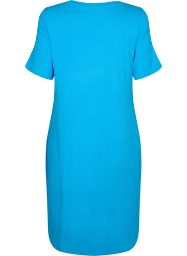 Midiklänning i ribbat viskostyg med korta ärmar, Ibiza Blue, Packshot image number 1