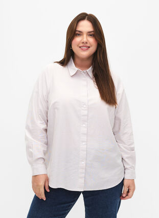Långärmad bomullsskjorta, White Taupe Stripe, Model image number 0