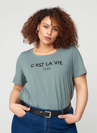 Kortärmad bomulls t-shirt med tryck, Balsam Green PARIS, Model image number 0