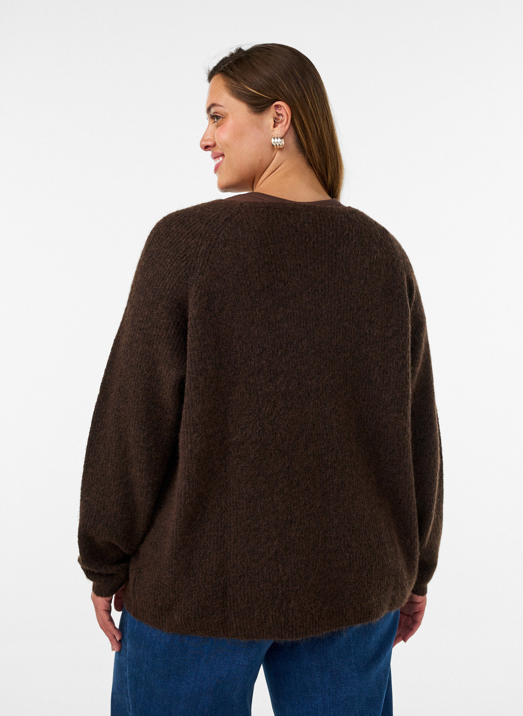 ZizziStickad blus med v-ringning och raglan&auml;rmar, Brun, Model image number 2
