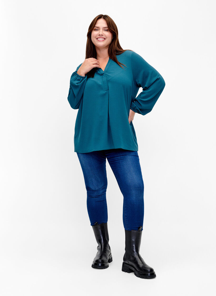 Enfärgad blus med v-hals, Deep Teal, Model image number 2