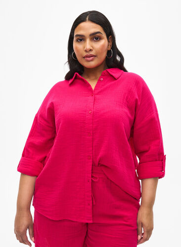 Skjorta med krage av bomullsmuslin, Bright Rose, Model image number 0