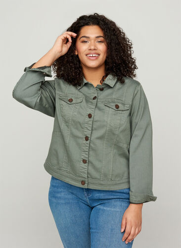 Kort färgad jeansjacka, Agave Green, Model image number 0
